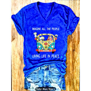 Vibrant T Shirt Imagine All The People Living Life in Peace Blue size L (8/10)